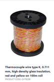 سیم ترموکوپل نوع K، 0.711 میلی متر، عایق شیشه ای با چگالی بالا، قرمز و زرد روی رول 100 متری