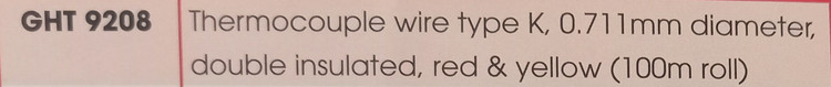 سیم ترموکوپل نوع K، 0.711 میلی متر، عایق شیشه ای با چگالی بالا، قرمز و زرد روی رول 100 متری